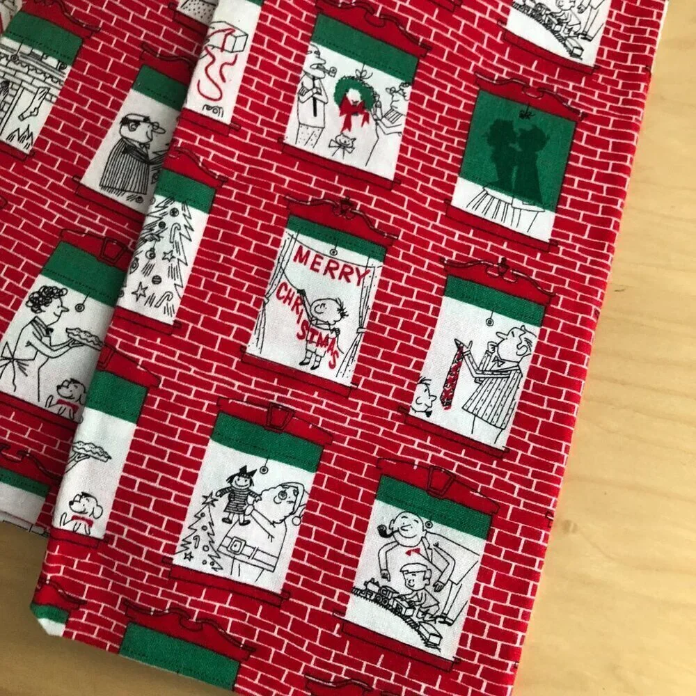 Vintage MCM Christmas Holiday Red White Cartoon Linen Dinner Napkins - Set of 8